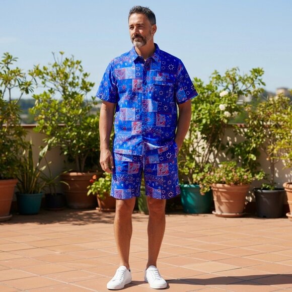 NWT Dogg Supply By Snoop Dogg Mens Set Blue Stretch Woven Shirt & Shorts Size XL - Picture 1 of 16